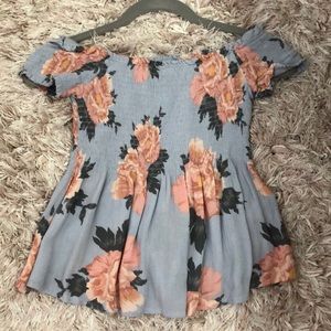 Blue with pink flowers off the shoulder Shirt.